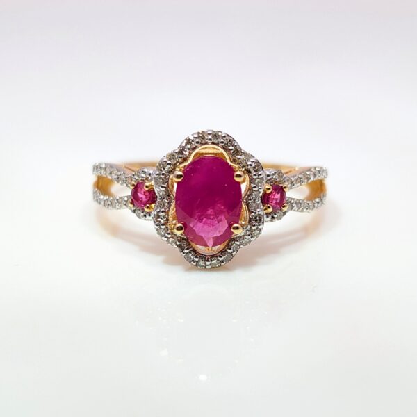 14ct Oval Ruby and Diamond Cluster Ring with Diamond Set Shoulders