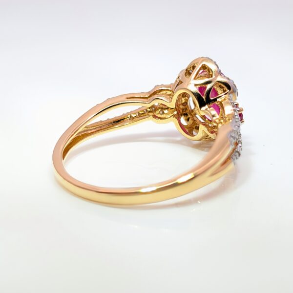 14ct Oval Ruby and Diamond Cluster Ring with Diamond Set Shoulders