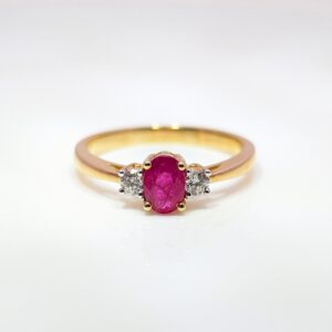 3-Stone Oval Ruby and Diamond Ring 9ct Yellow Gold. Ruby jewellery is a timeless gift, but is especially meaningful to those with a July birthday.