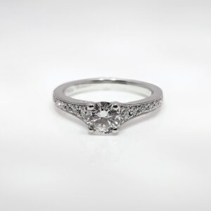 Platinum 0.50ct Diamond Ring with Pavé Set Diamond Shoulders and Milgrain Edge