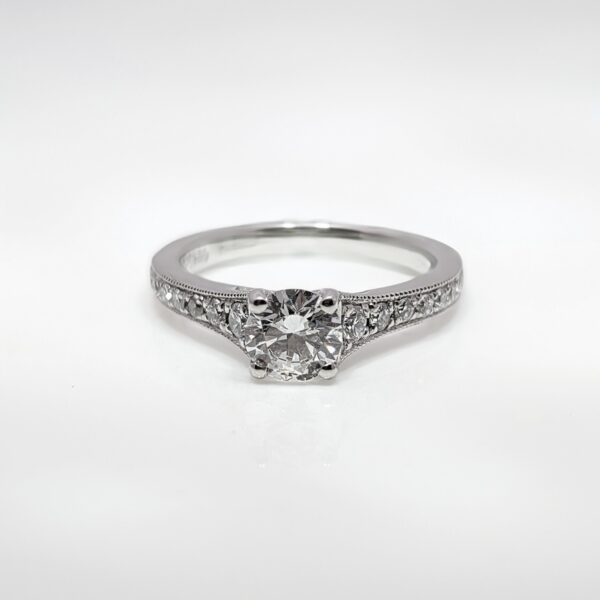 Platinum 0.50ct Diamond Ring with Pavé Set Diamond Shoulders and Milgrain Edge